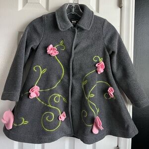Kate Mack Girls Gray Coat with Pink Floral Design Size 6